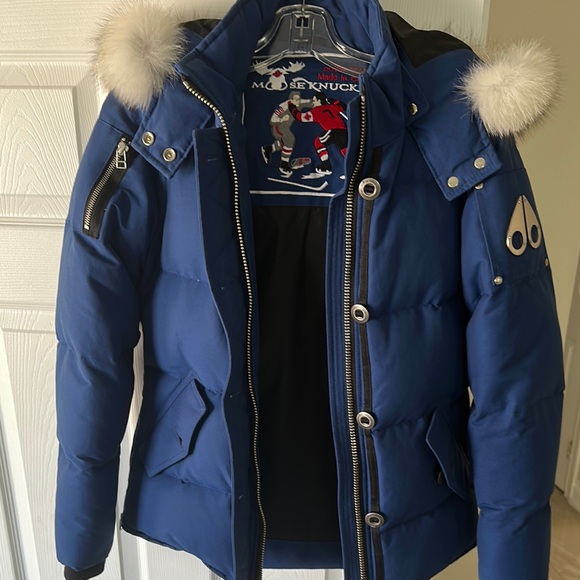 Moose Knuckles Kids Blue Puffer Jacket with Fur Hood - Picture 3 of 3